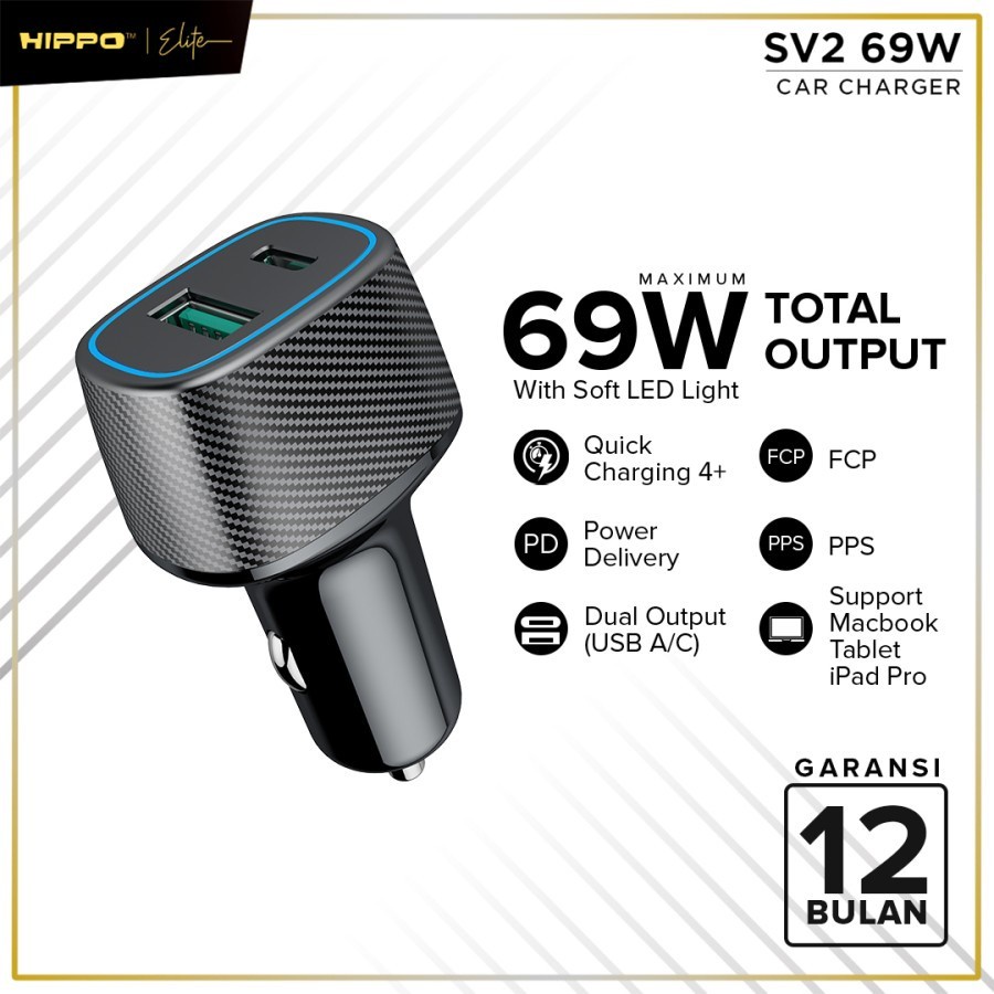 Hippo SV2 Car Charger Total Output 69W Dual port USB A Type C PD QC.4+