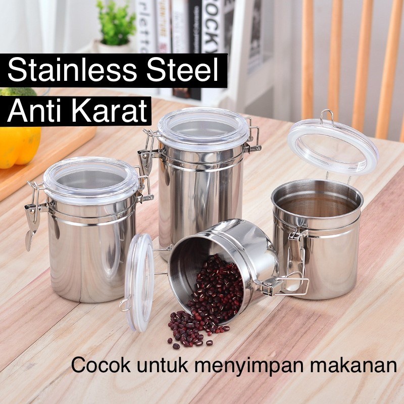 Toples Kedap Udara 1 Set Isi 4 Stainless Steel / Tempat Gula Kopi Bumbu Dapur 4inch/5inch / Toples Makanan