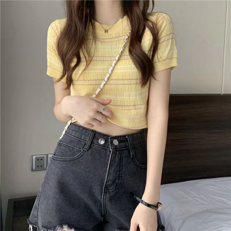 Korean Baju Atasan Wanita Lucu Knit Crop Top Lengan Pendek