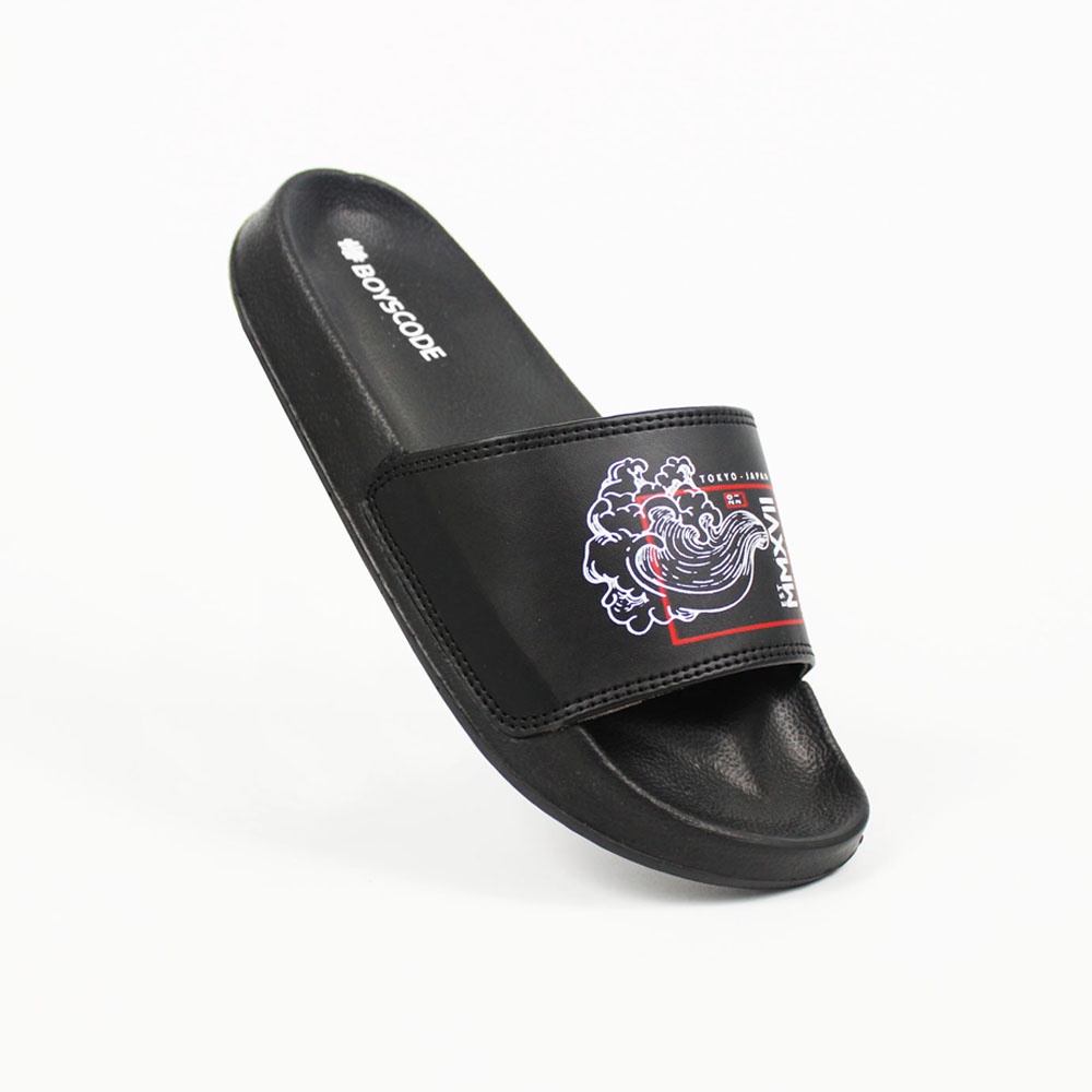 Sendal Selop BOYSCODE Japanesse Wind Hitam Pria Wanita / Sandal Slide Cowok / Sandal Slip On / Sanda