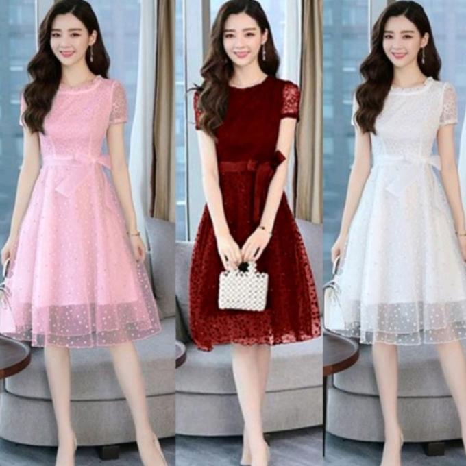 putih maroon pink dress pesta brukat satin wanita mewah baju party