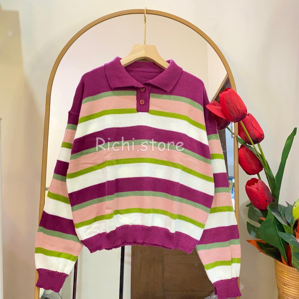 MIKHA POLO BLOUSE RAJUT MOTIF GARIS TERBARU