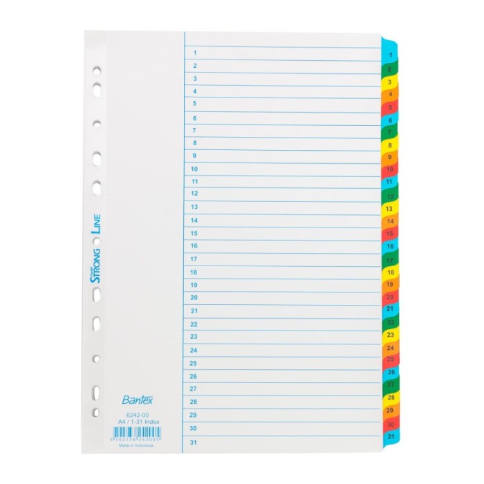 

Terlaris Bantex Strongline Indexes A4 1-31 (31 Pages) 6242-00