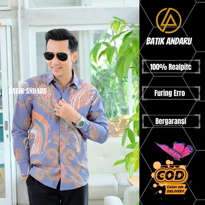 Kemeja Batik Pria Slimfit Lengan Panjang Modern Baju Premium Warna Lilac Ungu