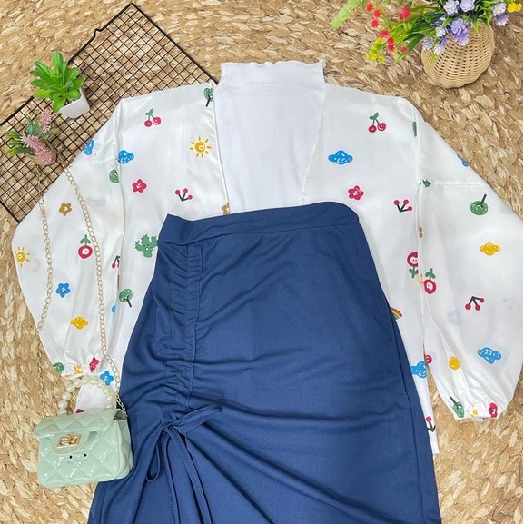 IL - ONE SET KIYOWO OUTHER WANITA MOTIF (TANPA DALAMAN) / SET ROK SERUT CASUAL MIDI SKIRT KOREAN LOOK