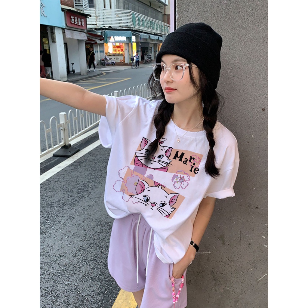 EUNII T-shirt Lengan Pendek Cartoon Pink Cat Korean Style/Kaos Atasan Wanita/Baju Kaus Oversize Wanita/Kaos Wanita