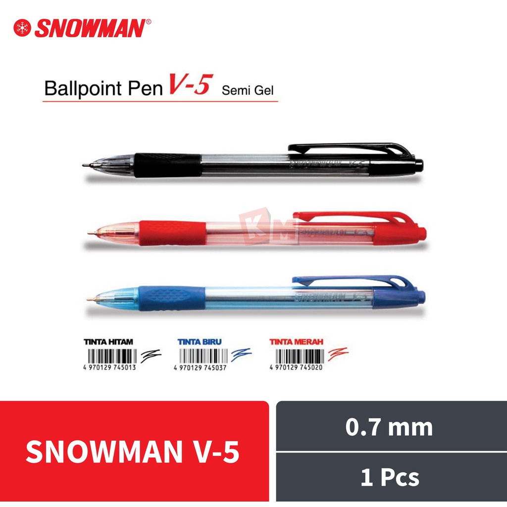 Pulpen Ballpoint Pena Snowman V-5 0.7 mm Hitam / Biru / Merah / Semi Gel