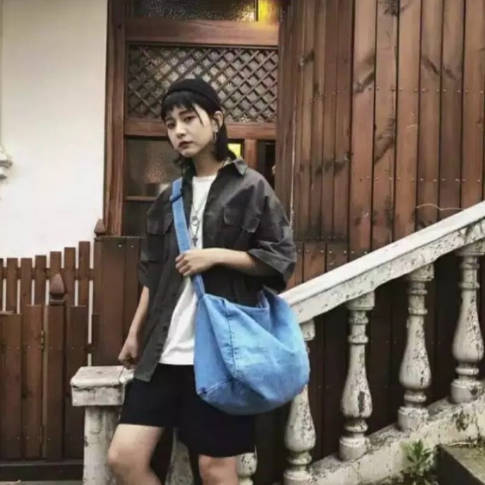 SBXLD XL Sling Bag Denim Jeans Tas Selempang wanita Besar Pria Tote GY - black denimwash, 40*32*20 c