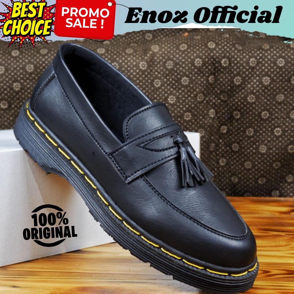 Sepatu Loafers Pria Casual Formal Slip On Hitam Dokmart Pantofel Kerja Kulit PU Penny Loafers Sintetic Premium Enoz Tie Rope