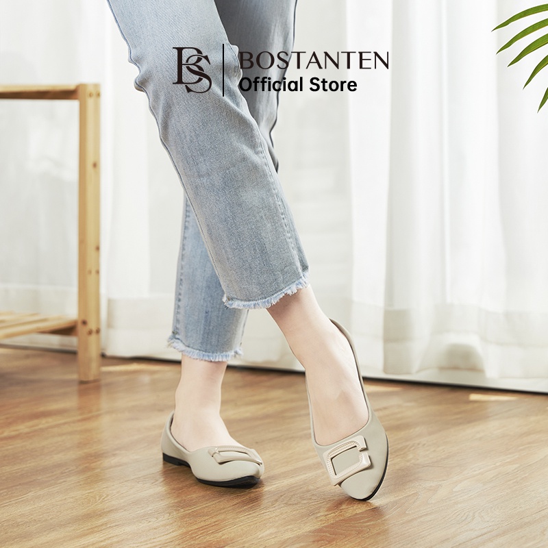 BOSTANTEN Musim panas Korea menunjukkan sepatu rata dengan tombol persegi dan sandal berbaris perasaan desain, temperament, sepatu wanita peri, sepatu lembut bernafas