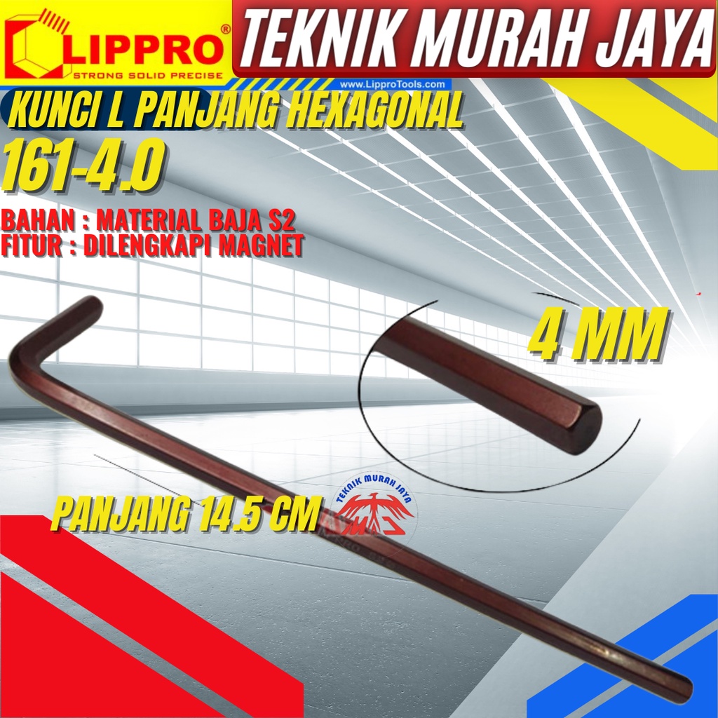 LIPPRO 161-4 Kunci L Panjang Hexagonal 4MM 4 mm FLAT SEGI 6 Extra Long Hex Key ECER SATUAN BAHAN S2
