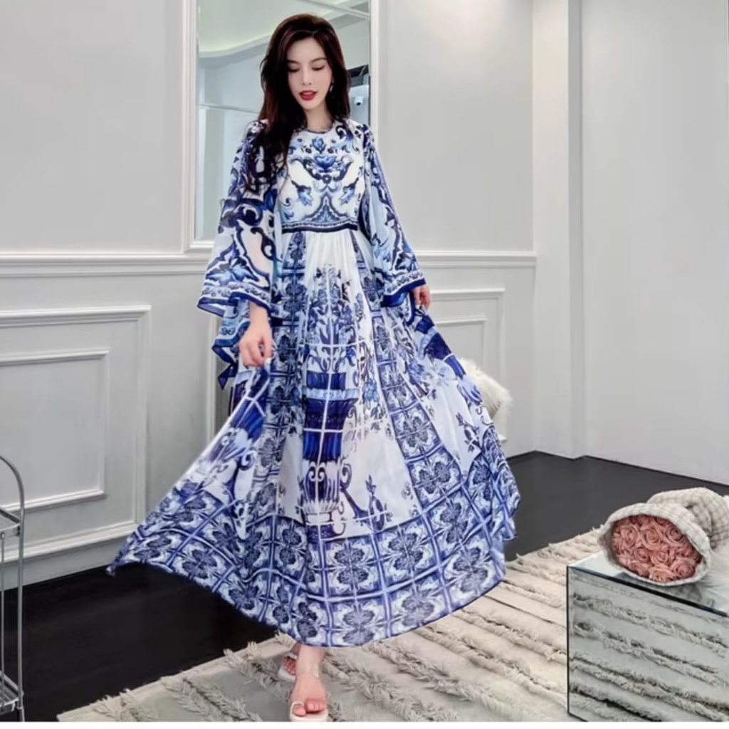 98860 Baju Maxidress longdress LENGAN KALONG lebar Ponco dres Korea Korean style wanita import Bangk