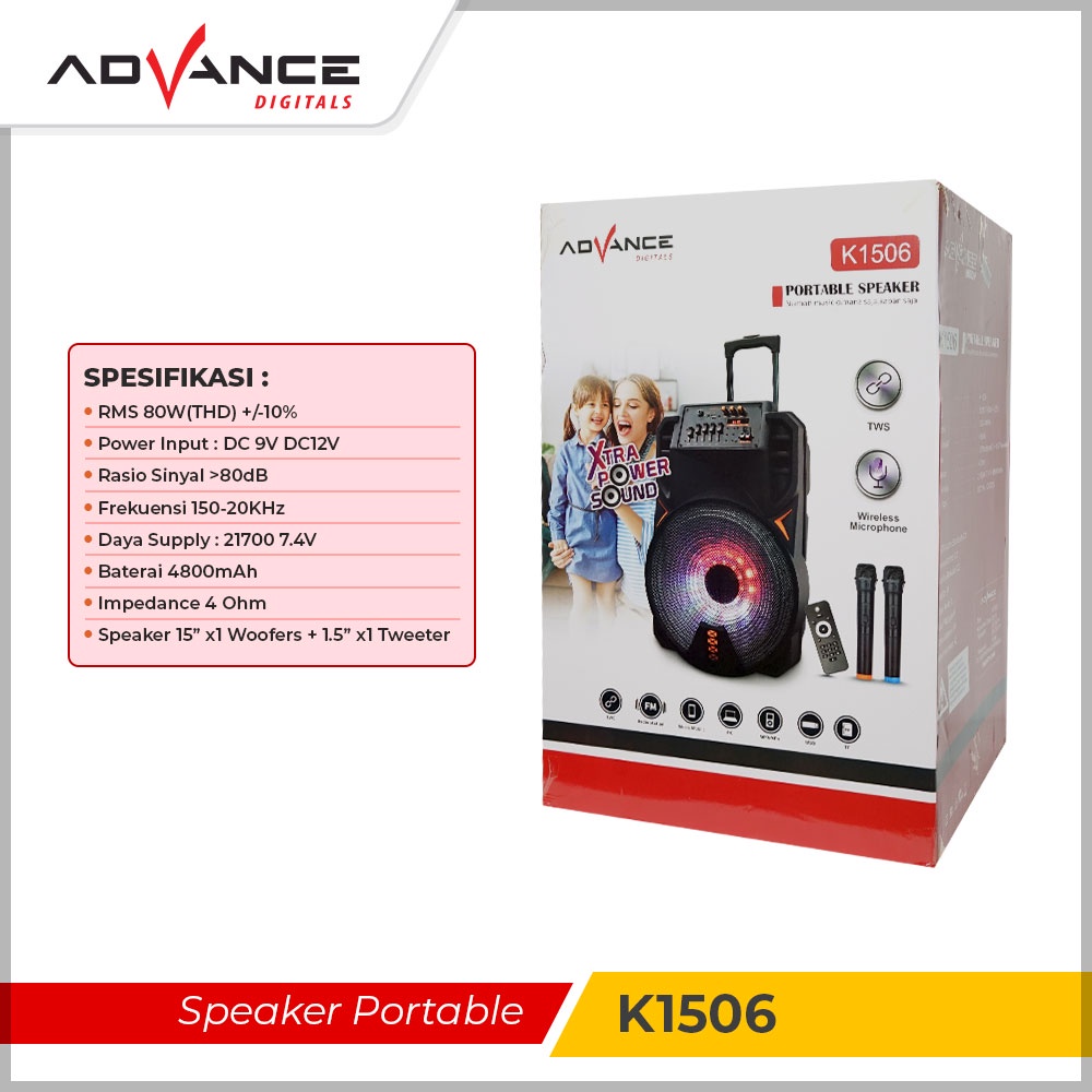 Advance K1506 Speaker Bluetooth Karaoke Portable BONUS 2 Pcs Mic Wireless