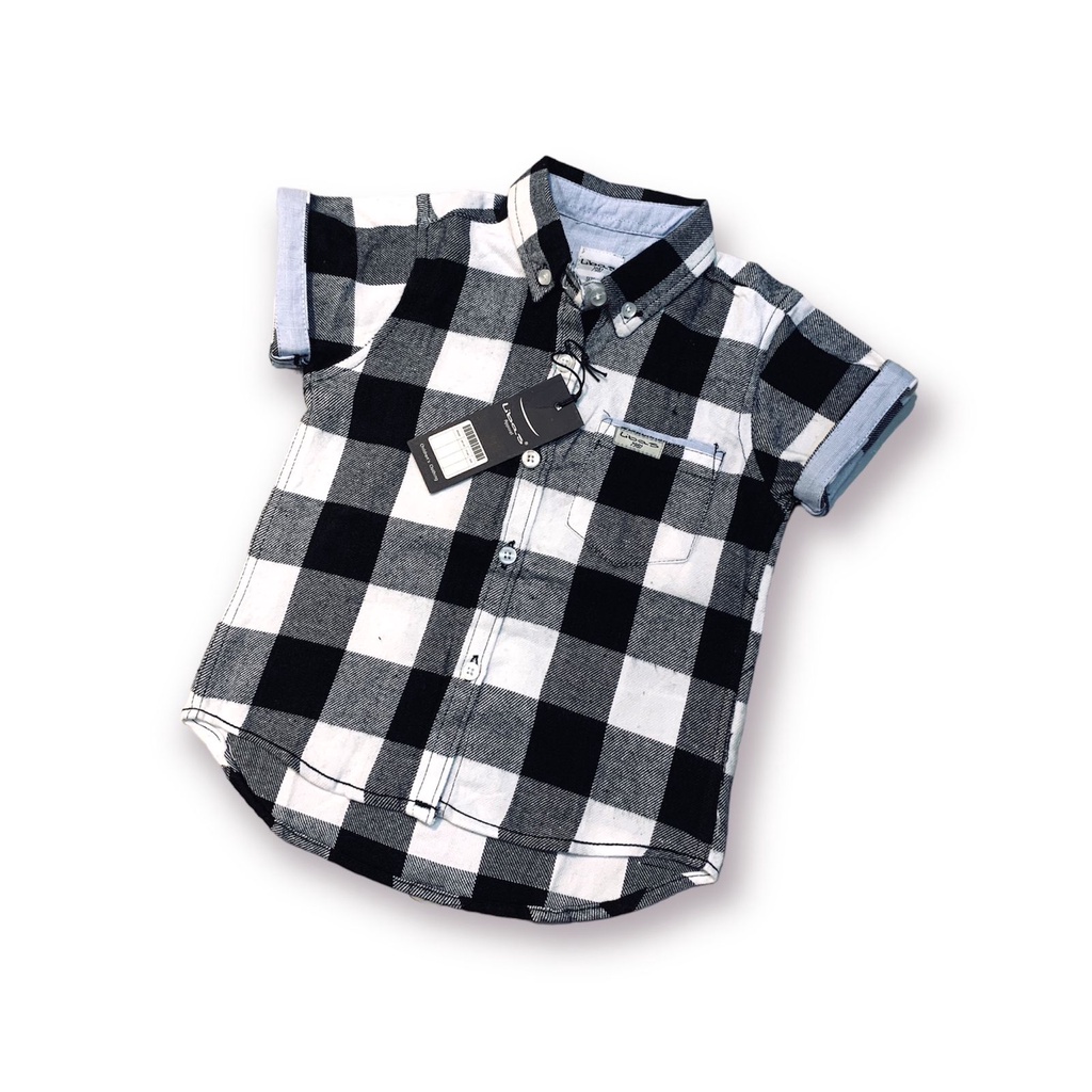 Kemeja Anak 1-13 Tahun Lengan Pendek Kotak Hitam Putih Katun Flanel Adem Ringan By LIBAS Bisa COD