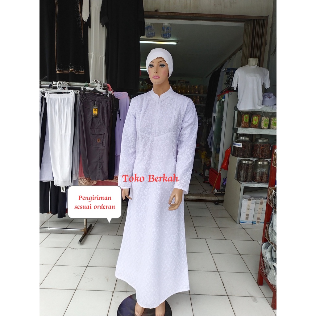 Gamis haji dan umroh katun paris satu set gamis kerudung ukuran super dan sarung tangan bordir