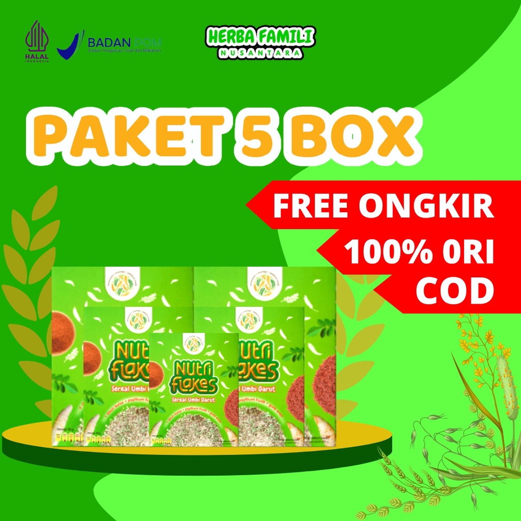 

[PAKET 5 BOX] | Nutriflakes | Makanan Sereal Sehat Dari Bahan Alami Umbi Garut dan Daun Kelor Ampuh Mengatasi Masalah Asam Lambung Maag Gerd dan Mampu Menurunkan Berat Badan