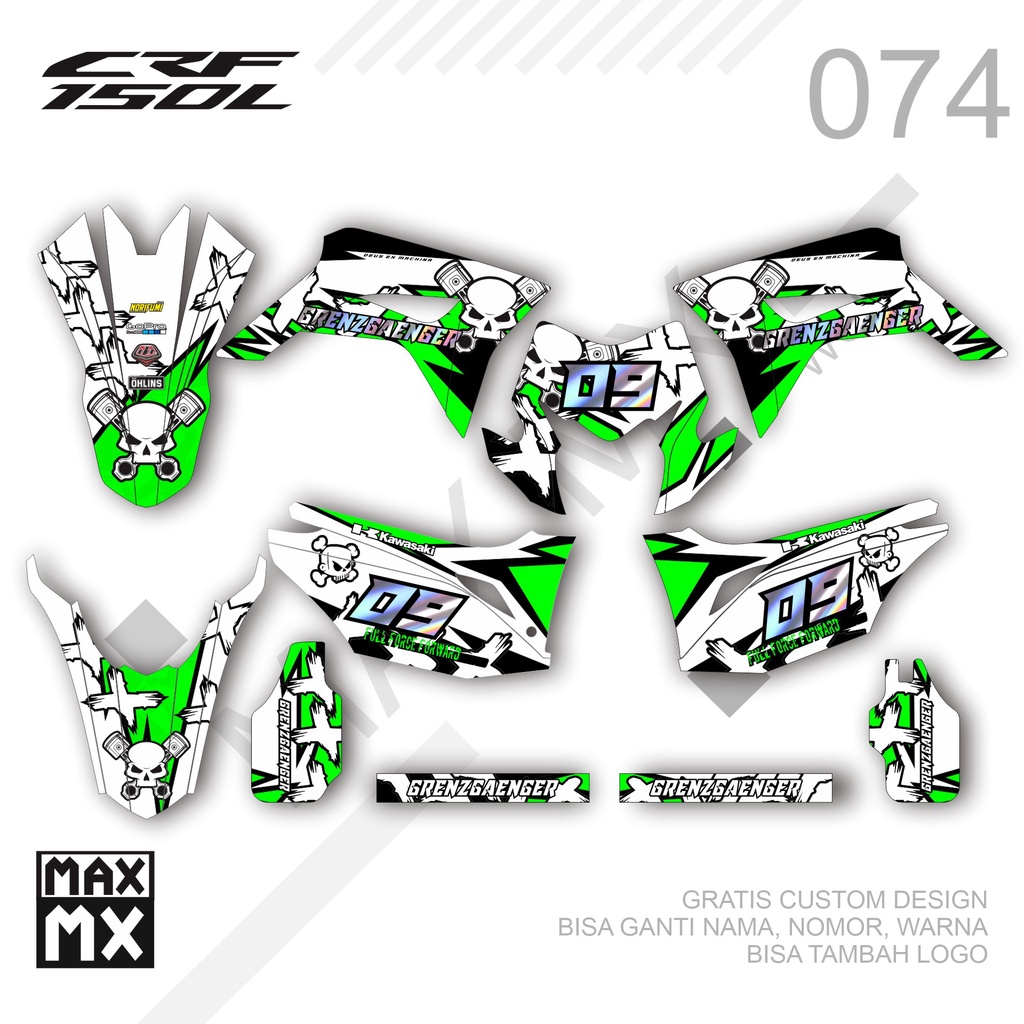 STIKER DECAL SUPERMOTO CRF 150L 074 YSF MOTIF ROAD RACE TENGKORAK PUTIH HIJAU