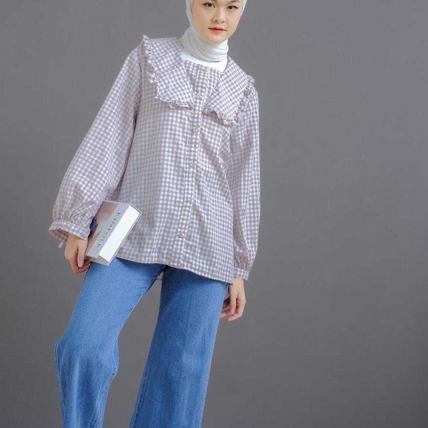❀ Mayoutfit Deian Blouse | Kemeja Katun Kerah Ruffle Motif Kotak ▼