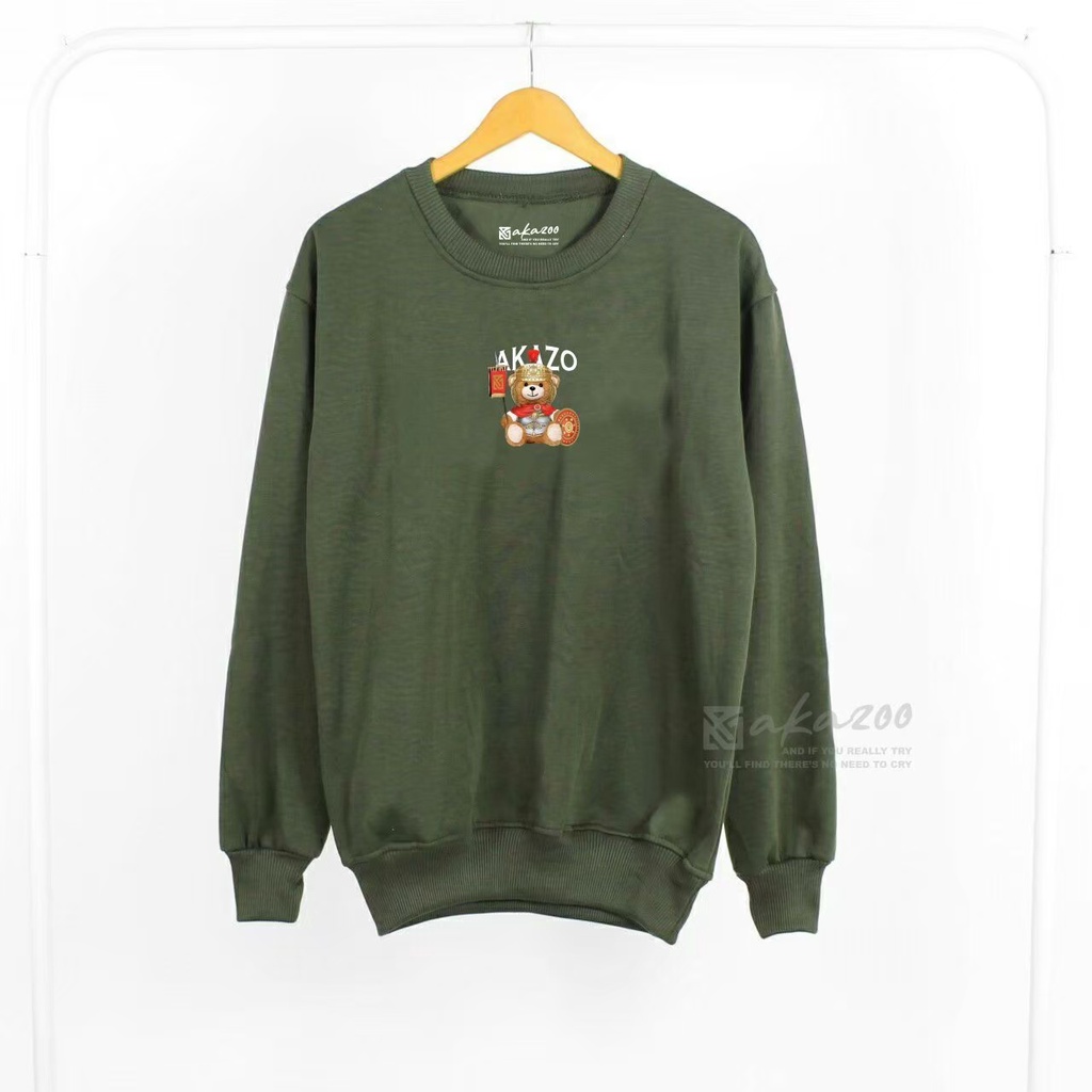 crewneck distro oversize pria Sablon Bear SPARTA Warna Hijau ARmy crewneck kerah tinggi sweater oblong jumbo xxl crewneck krah akazoo.id