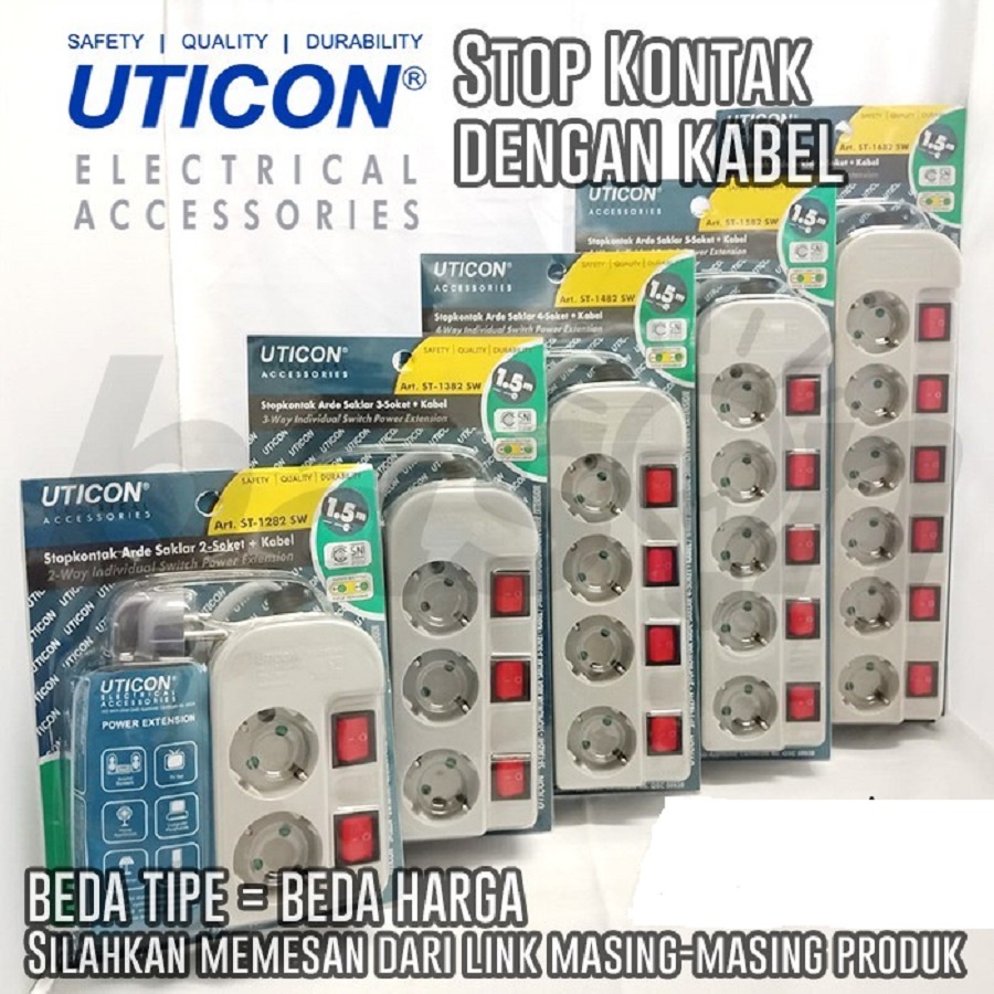 Stop Kontak Arde 2/3/4/5/6 Lubang Uticon + Saklar Tersendiri + Kabel