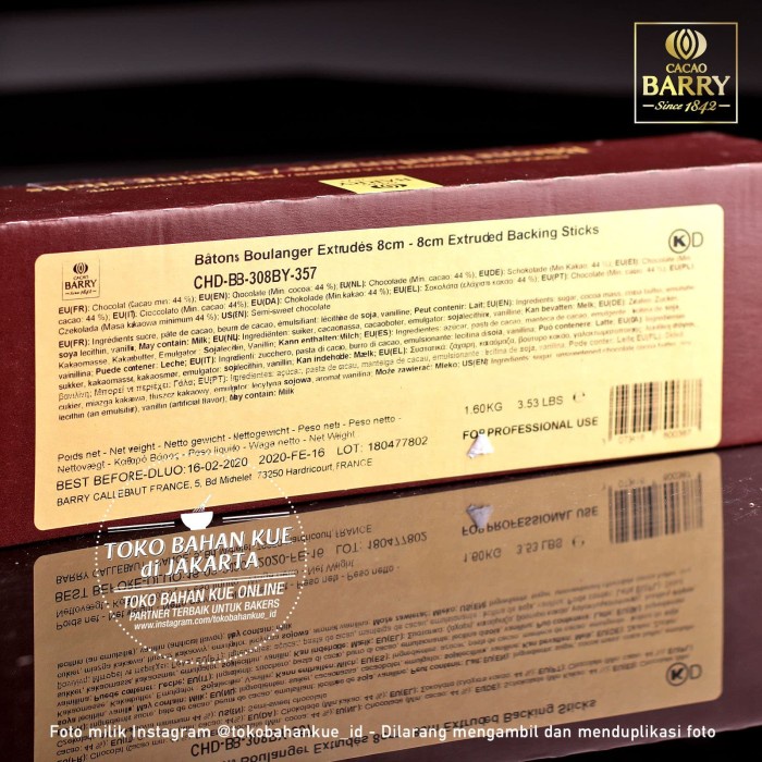 

Cacao Barry Baking Sticks 1,6kg BOX 44% Chocolate Batons Cokelat Baton