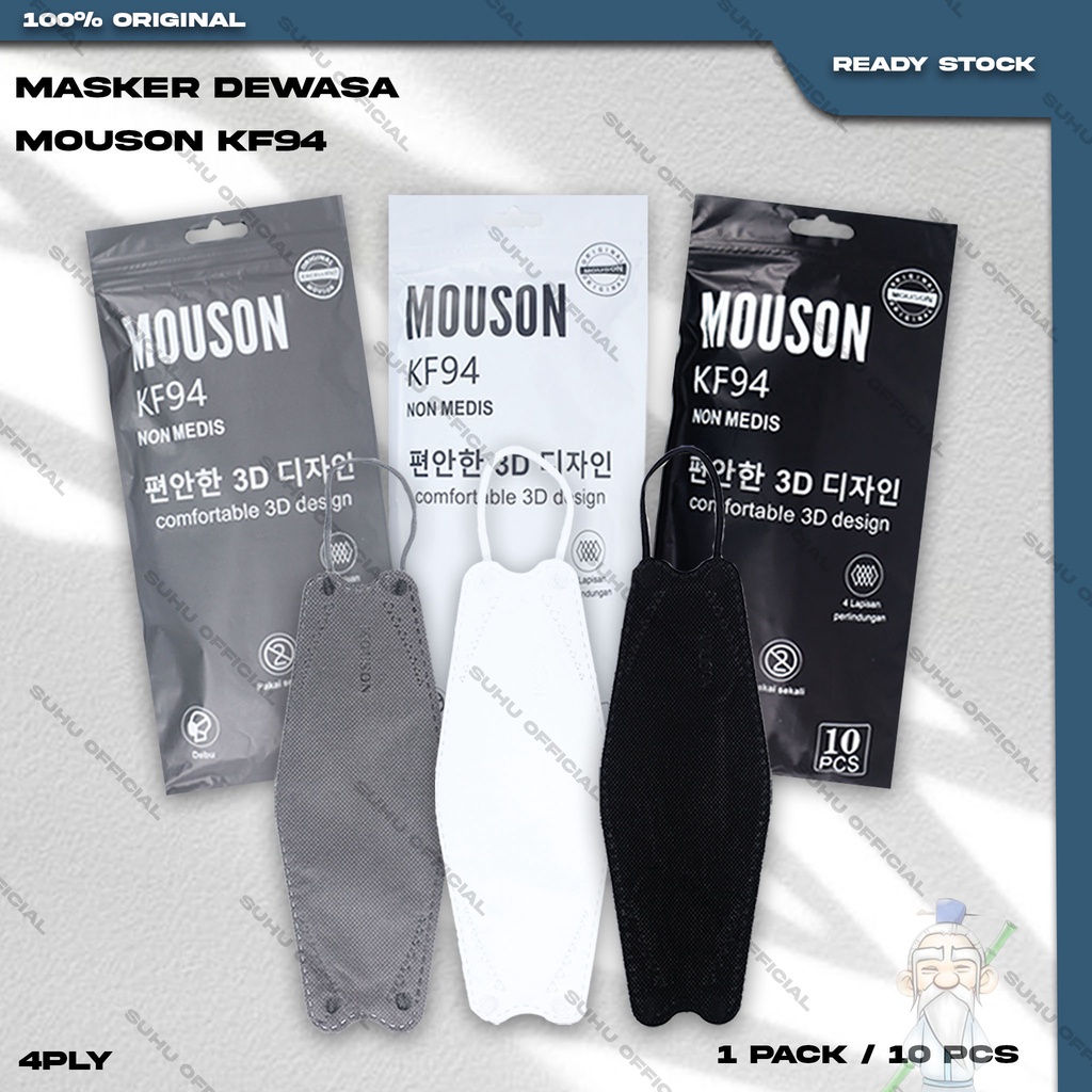 Masker KF94 MOUSON 4Ply isi 10Pcs Putih Hitam Abu Warna Korea KF 94 4 Ply Earloop Surgical Mask Kemenkes