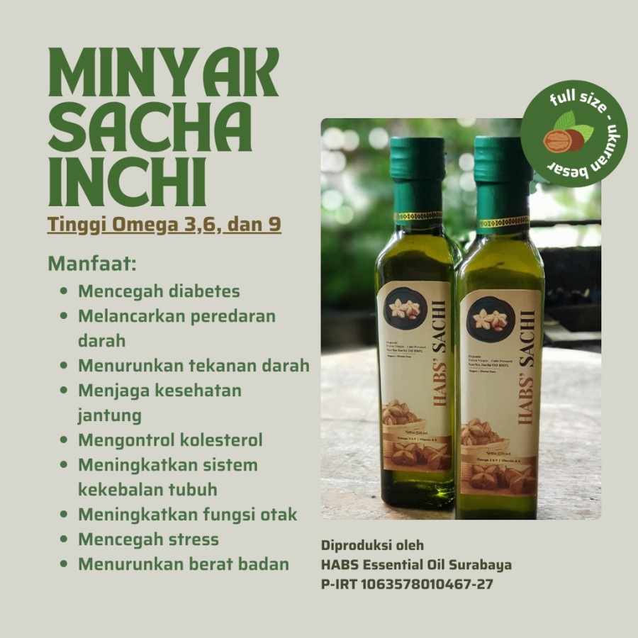 HAB'S Sachi Oil Super Food 100% Ekstrak Kacang Sacha Inchi Murni Tinggi Omega Minyak Sacha Inchi Botol Kaca