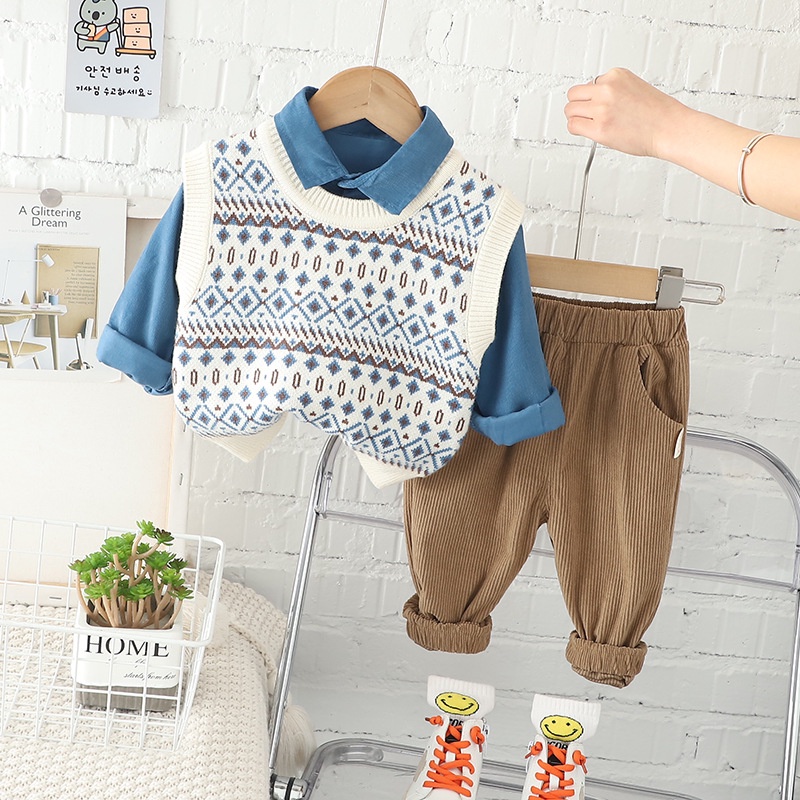 Setelan Anak Laki-Laki Dengan Rompi Set Sweater Anak Cowok 3 in 1