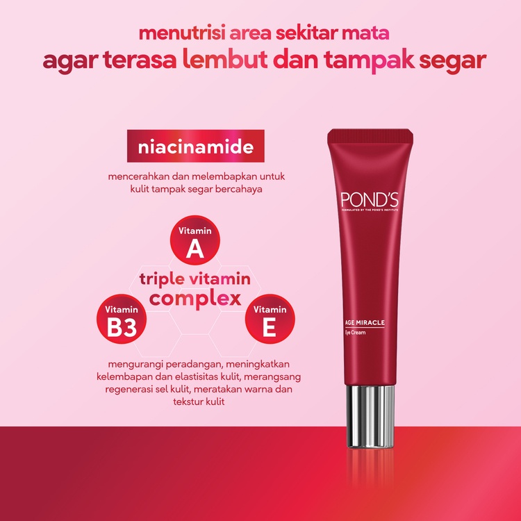 PONDS AGE MIRACLE EYE CREAM [ 15 ML ] ANTI AGING + GLOWING WITH RETINOL NIACINAMIDE &amp; PREBIOTIC YOUTHFUL GLOW INSTANTLY SMOOTHER UNDEREYE BLUR AND PRIME KANTUNG MATA POND'S