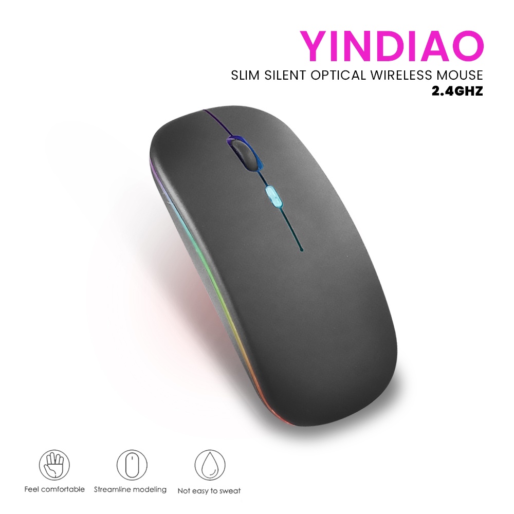 YINDIAO Super Slim Silent Optical Wireless Mouse USB Recharge 2.4 GHz - A2 - Black