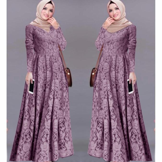 MURAH Gamis Pesta Full Brukat Brokat Muslim LELITA Warna UNGU LAVENDER