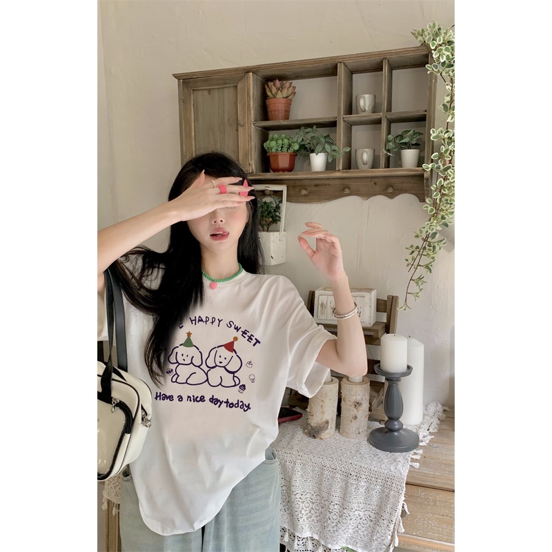 EUNII T-shirt Lengan Pendek Cartoon Birthday Dog Korean Style/Kaos Atasan Wanita/Baju Kaus Oversize Wanita/Kaos Wanita