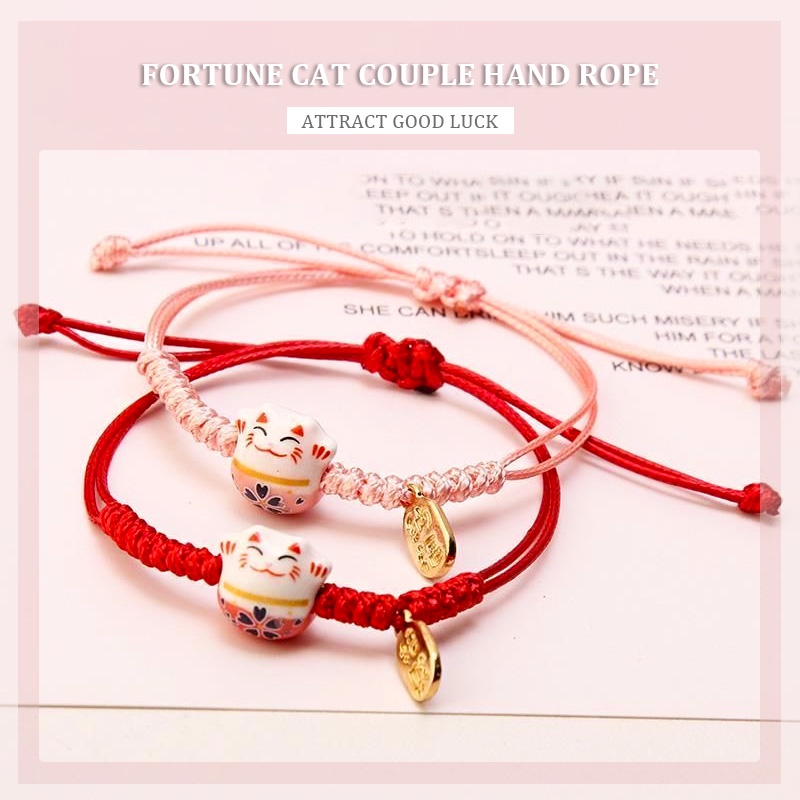 Benang Lilin Tenun Tangan Keramik Fortune Cat Gelang Desain Sense Pasangan Bracelet