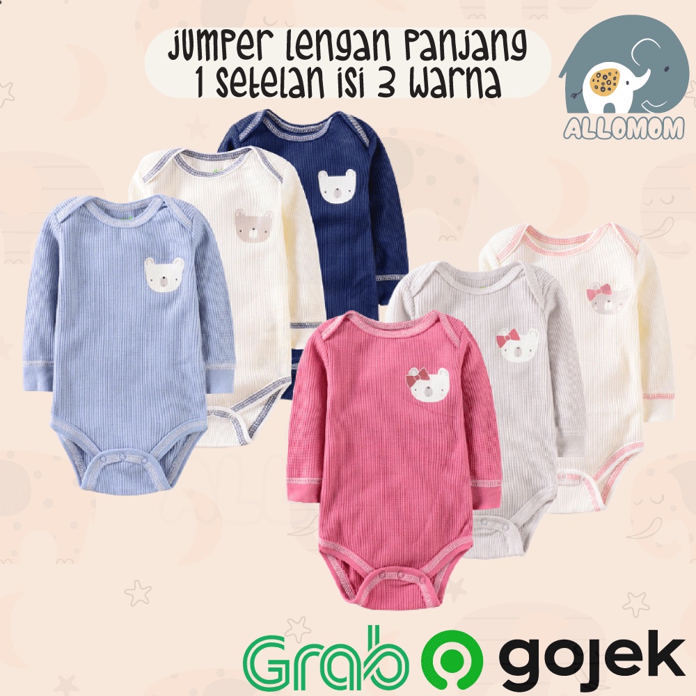 SET ISI 3 JUMPER BAJU BAYI ROMPER LENGAN PANJANG ISI 3 PCS / BABY NEWBORN LUCU MOTIF BEAR