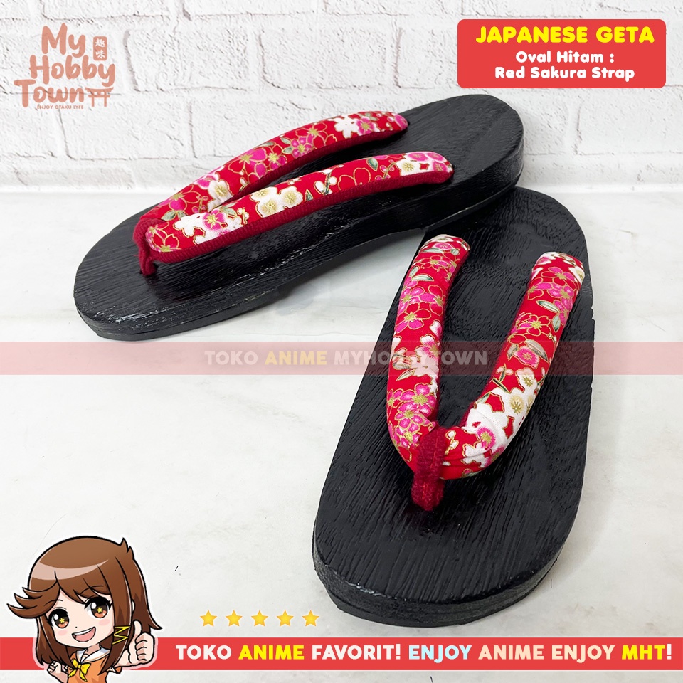 Geta Oval Hitam Modern : Red Sakura Strap Bakiak Sandal Kayu