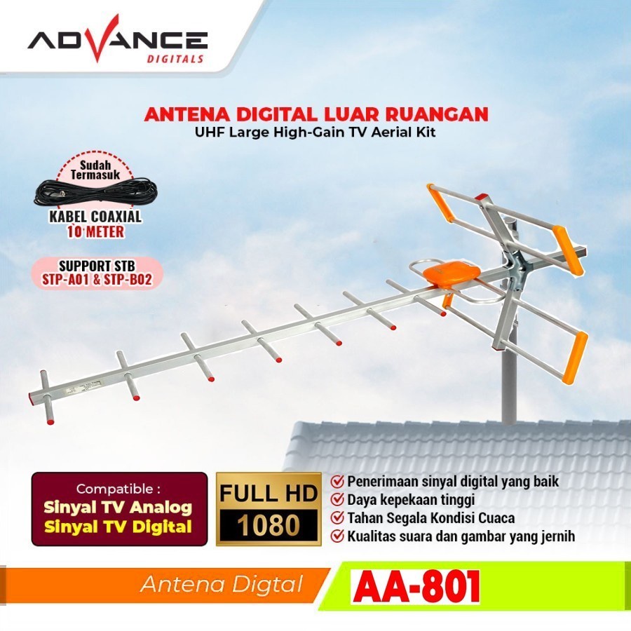 Antena TV Advance AA-801 DVBT2 Outdoor UHF Digital Free Kabel 10 Meter
