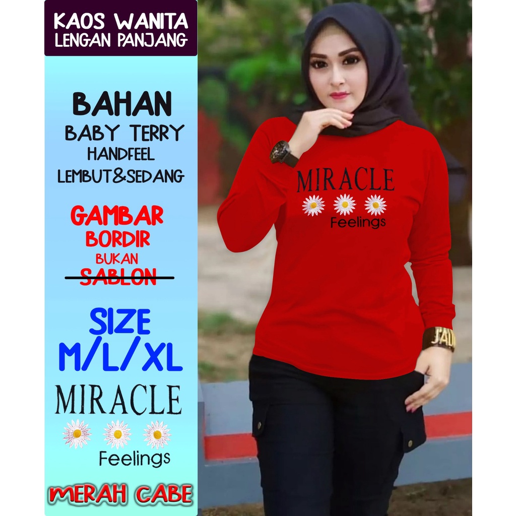 shine shop fashion - kaos wanita lengan panjang manset / atasan merah bendera/merah cabe/ kaos