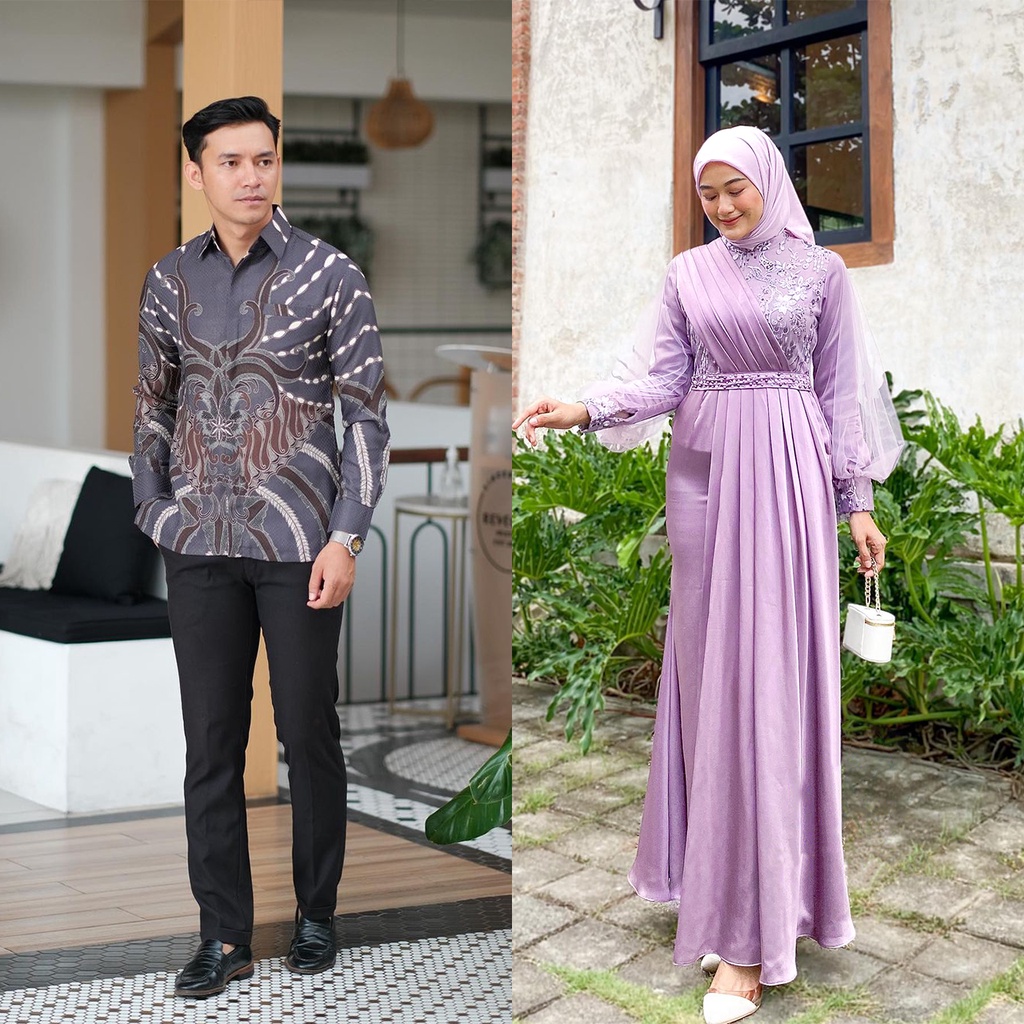 (NEW ARRIVAL) DRESS MELODY LILAC SERIES - Couple Gamis Batik Lebaran Kondangan Lamaran - Baju Couple Batik Pasangan Kemeja Lengan Panjang All Varian Size M L XL - Gamis Wanita Brukat Mix Tille Mutiara - Maxi Dress Modern Kekinian