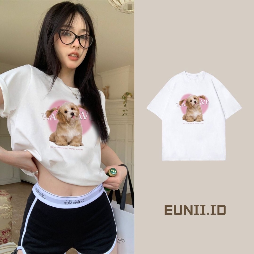 EUNII T-shirt Lengan Pendek Cartoon Pink Dog Korean Style/Kaos Atasan Wanita/Baju Kaus Oversize Wanita/Kaos Wanita