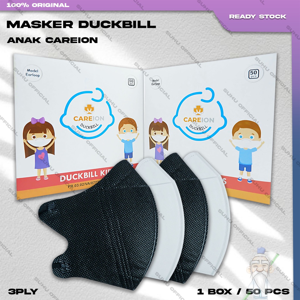 Masker Anak Duckbil CAREION 3Ply isi 50Pcs Hitam Black Duckbill Surgical Mask Kemenkes