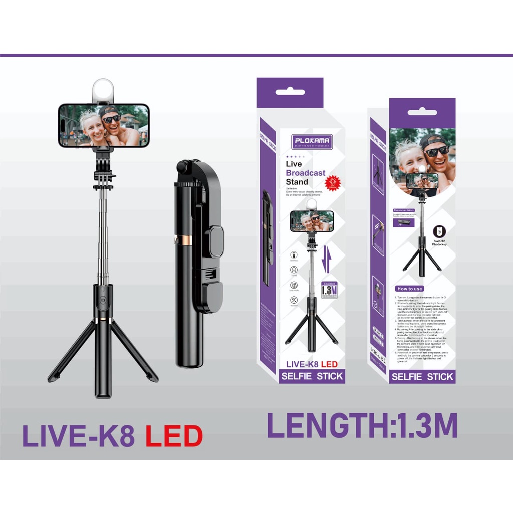 Tongsis tripod 130cm LED K8  / tongsis P6 LED 1 METER / TONGSIS K9 LED 1.7 METER / remote Selfie stick bluetooth / holder Selfie LED 1.3M bluetooth + remote + tongsis + tripod  + LED