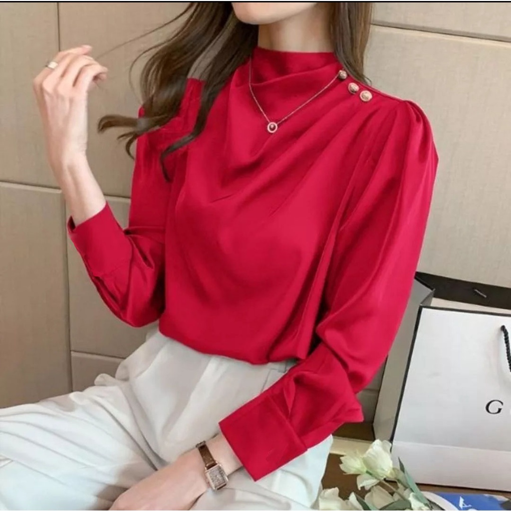 Atasan blouse wanita tangan panjang korean style kancing bahu 937