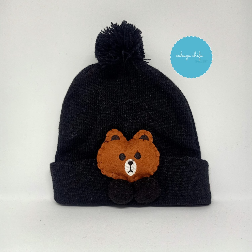 Kupluk Anak Beruang coklat pompom single