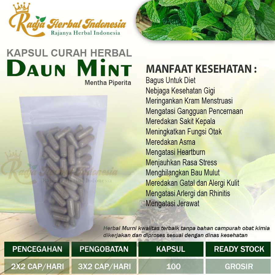 DAUN MINT 100 Kapsul Curah Herbal Diet Jerawat Fungsi Otak Stres Gigi