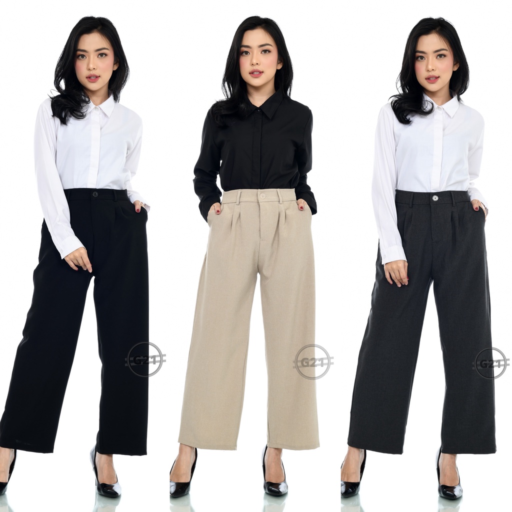 Celana Kulot Kerja Kantor Wanita Panjang Model Pinggang Karet Belakang Hitam Bahan Formal Dasar Premium Quality Celana Kulot Panjang Wanita Celana Panjang Cewek Bahan