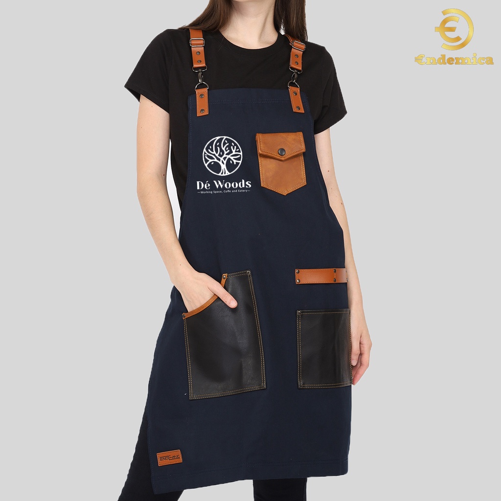 Full Apron Barista Celemek Cafe Apron Barbershop Celemek cukur rambut full cotton &amp; synthetic leather for barista/waiter etc Y strep