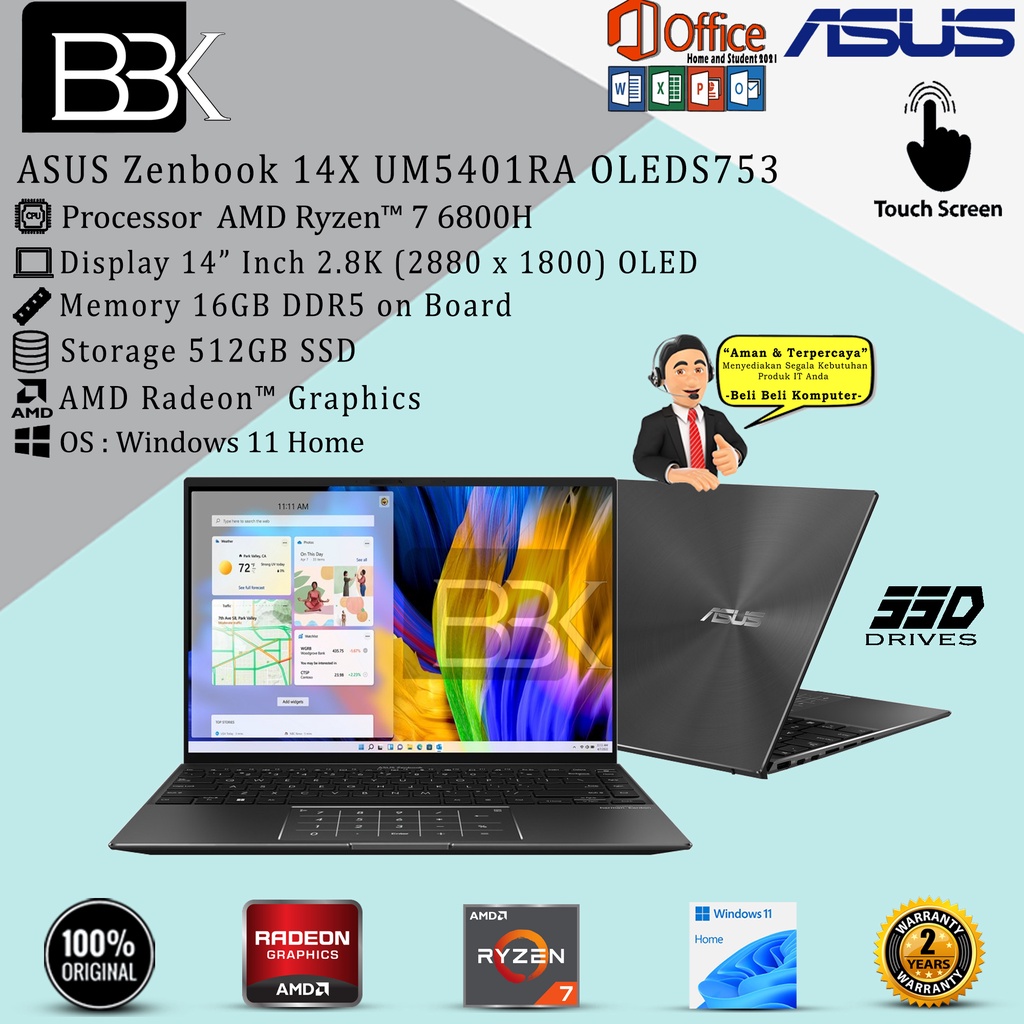 ASUS Zenbook 14X UM5401RA OLEDS753 R7-6800H 16GB 512GB SSD WIN11H+OHS