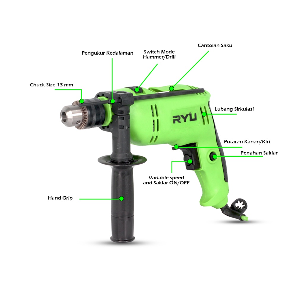 Bor Ryu 13 Mm Bor Tembok Beton / Impact Drill 13 Mm RID 13-1 Variable Speed