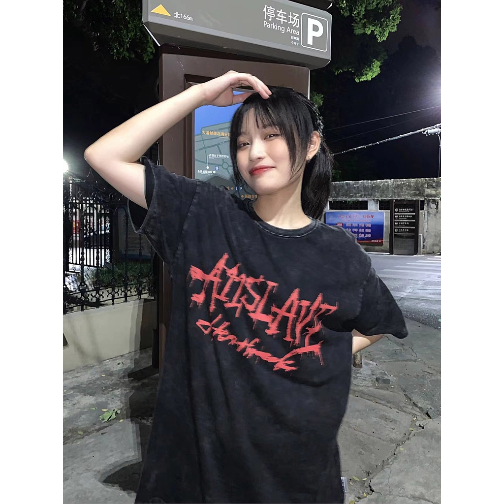 atasan wanita lengan pendek/american vintage kekinian washed oversize baju kaos wanita letter motif printed t-shirt