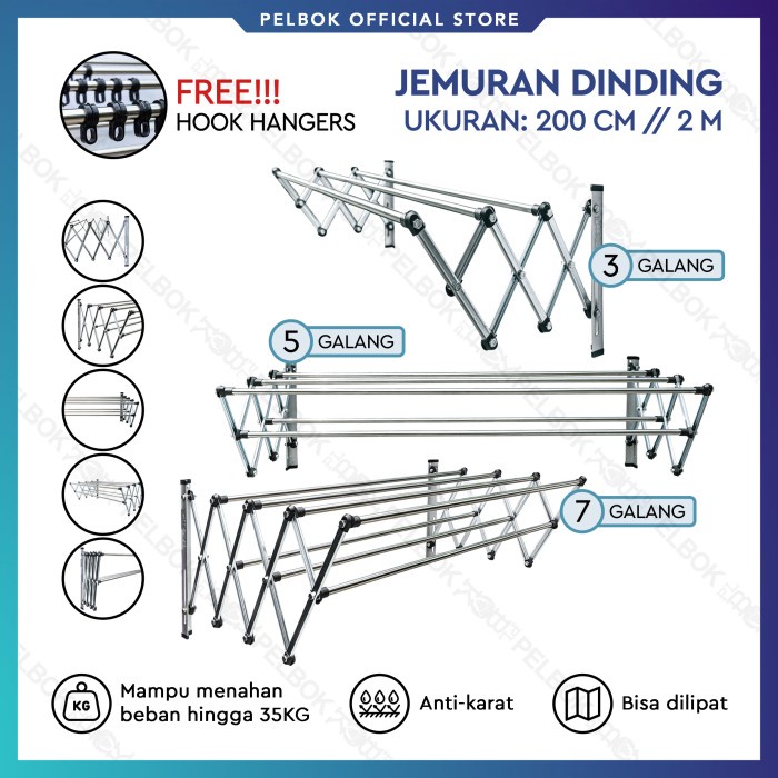 TERBARU- PELBOK Jemuran Baju Dinding Lipat 200 cm Stainless Anti Karat 2 Meter (PROMO)